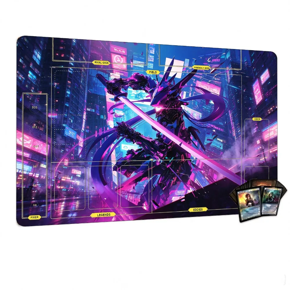 Playmat Cyberpunk TCG 24 x 14 inches (600 x 350 x 2mm) Cyber Samurai TCG Playmat, Neon City Dusk desk accessories