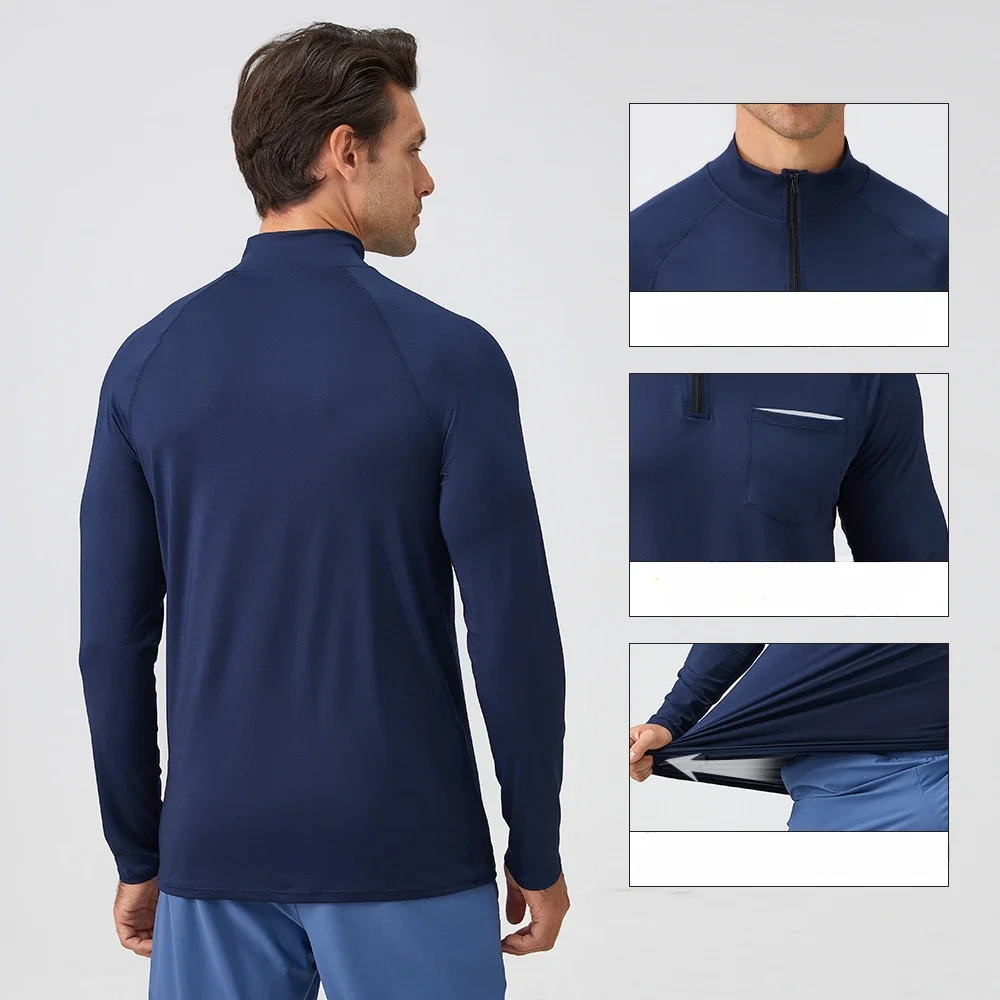 T-shirts Men Gym Sportswear Fitness Clothing Sports Workout Tops Half-zipper Long Sleeve T Shirt Bodybuilding Wear Running Top