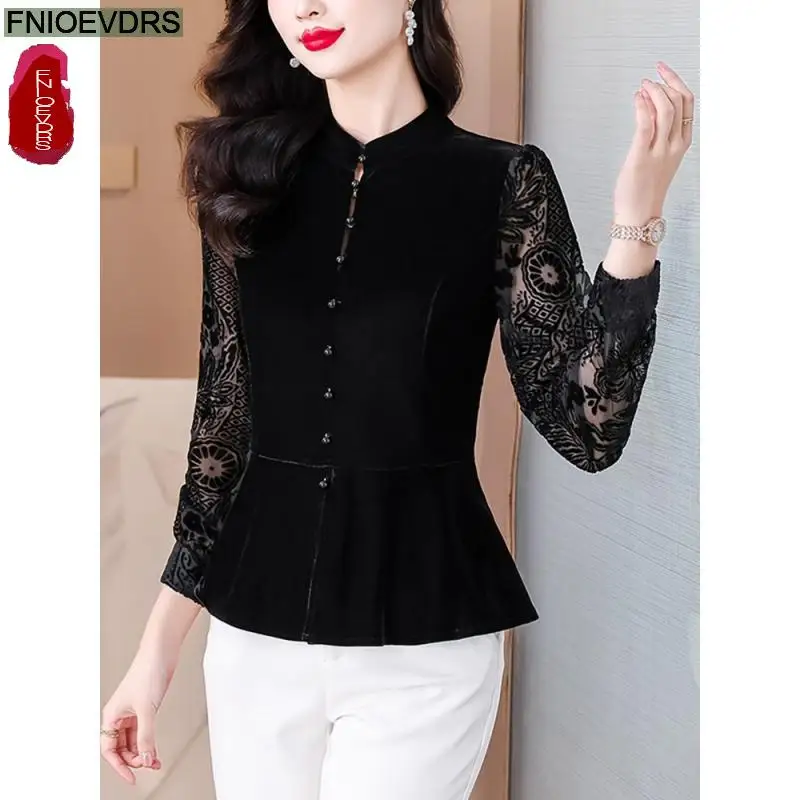 Black Lace Velvet Retro Vintage Peplum Tops New Design Women 2024 Autumn Long Sleeve French Style Hollow Basics Shirts Blouses