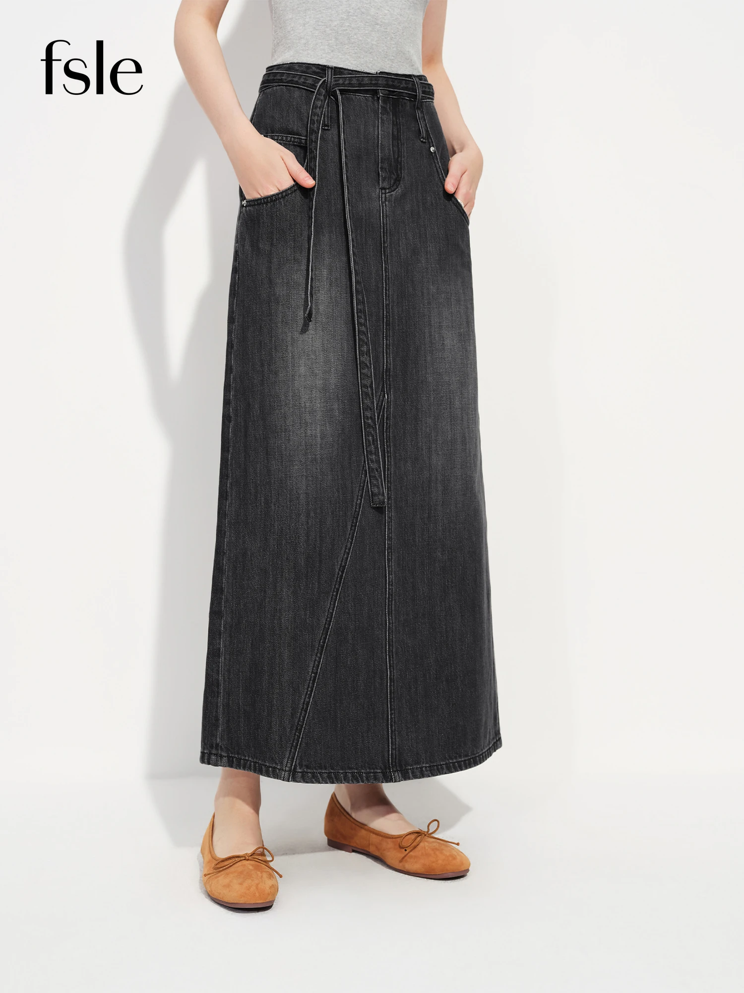 FSLE Jeans Straight Cut Ankle-Length Skirt for Women 2026 Spring New Arrival Collection High-Waisted Long Lenghth Grey Skirts