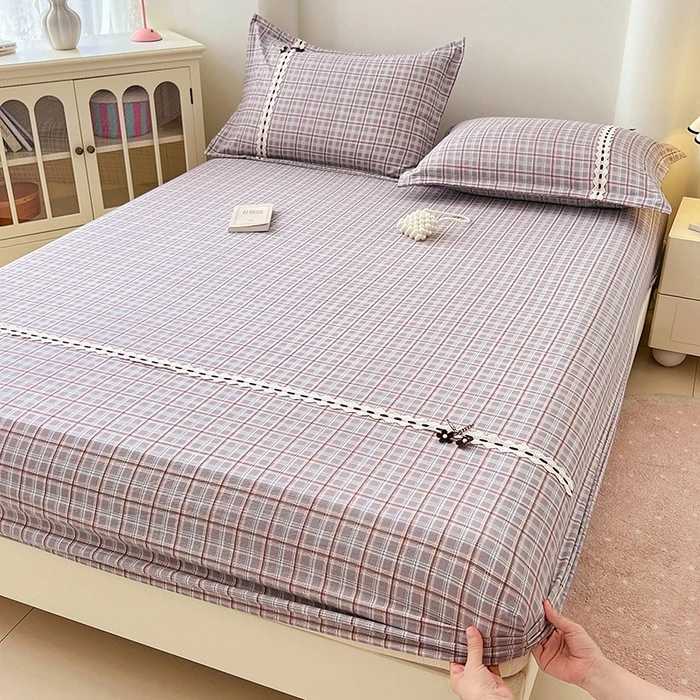 

2025 New Style Class A Cotton and Wood Double-layer Gauze Checkered Lace Bed Hat Anti-slip Lace Bedspread Mattress Cover