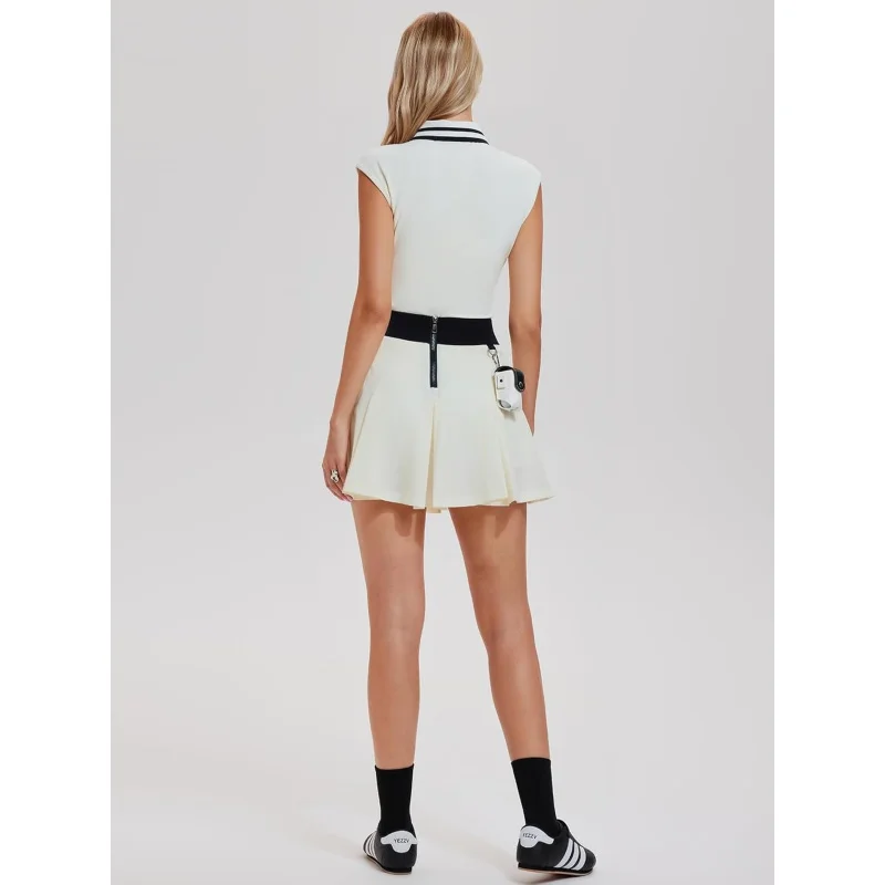 SharpStar Women's Golf Outfits 2 PCS Pickleball Skort Sets Half Zip Crop Top & High Waisted Pleated Tennis Skirt with Pockets
