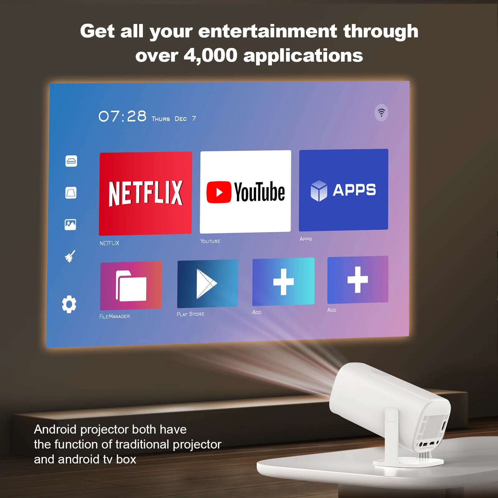 P30 180 ANSI Projector Native 1280x720P HD 4K Android 14 WiFi6 H723 Quad-Core Chip 4-Point Keystone 40-120