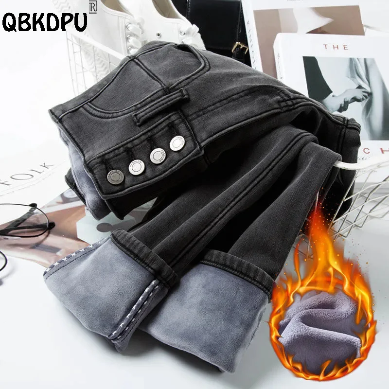 Cintura alta engrossar quente lápis vaqueros smoky cinza inverno denim calças leggings magros do vintage mais de veludo calças jeans femininas botões