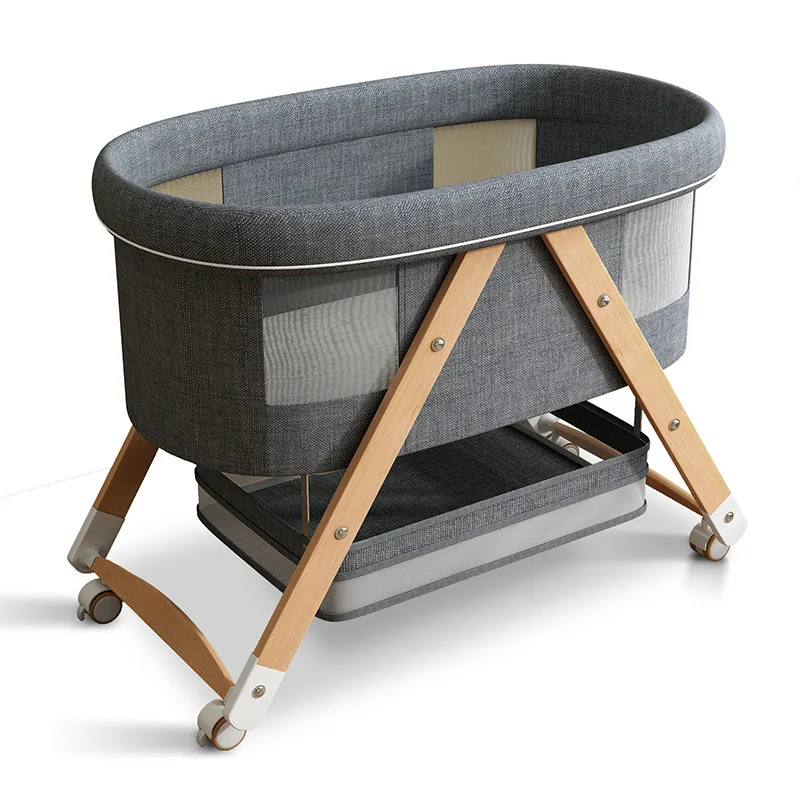 

100% Cotton Foldable Rocking Bed Newborn Small Cradle with Mobile Solid Pattern Folding BB Bed Baby's Bedding