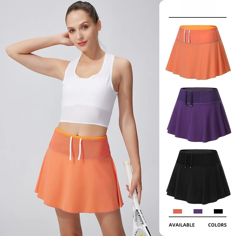 Women's 2 in 1 Loose Sport Shorts Summer Yoga Tennis Skirt with Built-in Pants Anti-Slip High Waist Slimming Mesh Pocket Fitness
