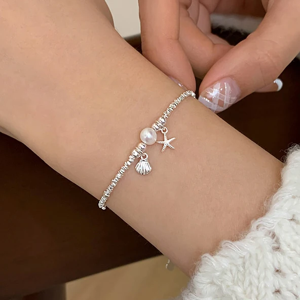 

PONYKISS 925 Sterling Silver Pearl Shell Starfish Bead Charm Bracelet for Women Cute Fine Jewelry Minimalist Accessory in Summer