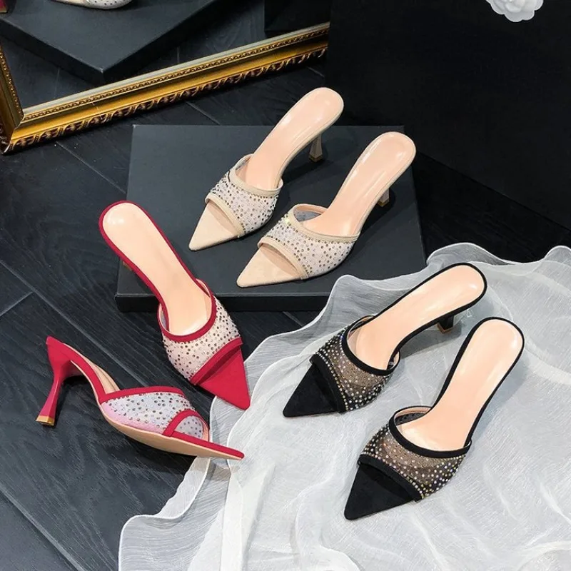 Pantoufles Sexy à Talons Hauts pour Femme, Escarpins à Stiletchassis Pointus, Tongs en Strass, Grande Taille, Chaussures de Banquet à la Mode, Été