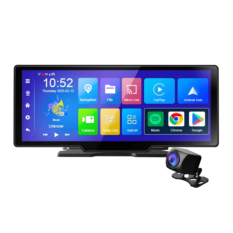 

10.26 inch WIFI Wireless Android Carplay with Front and Rear Dash Cam, Android Auto Google GPS Navigator Multimedia Player