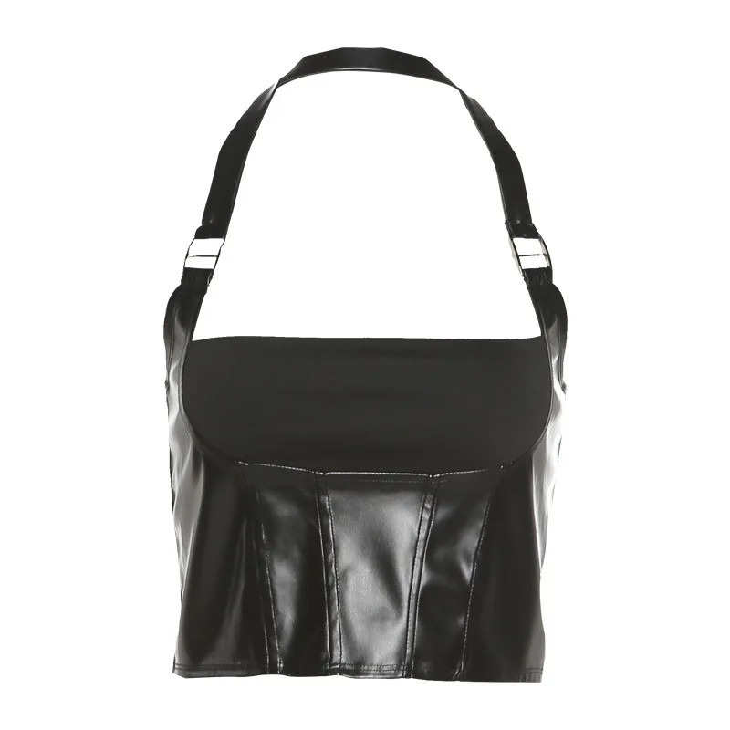 2021 herbst Mode-Trend frauen Kleidung Neue Stil Hängenden Hals Ausgesetzt Zurück Basis PU Leder Slim Fit Weste