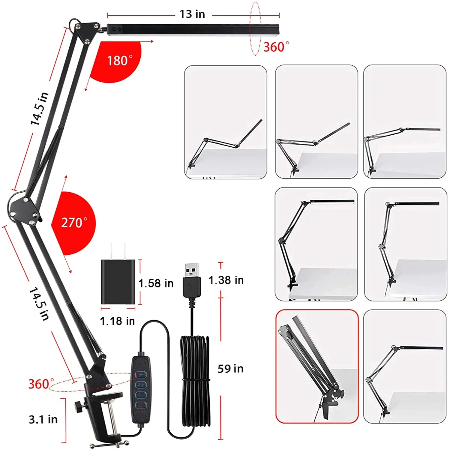 LED Desk Lamp,Adjustable Metal Swing Arm Desk Lamp with Clamp,Eye-Caring Architect Desk Light,3 Color Modes with Memory