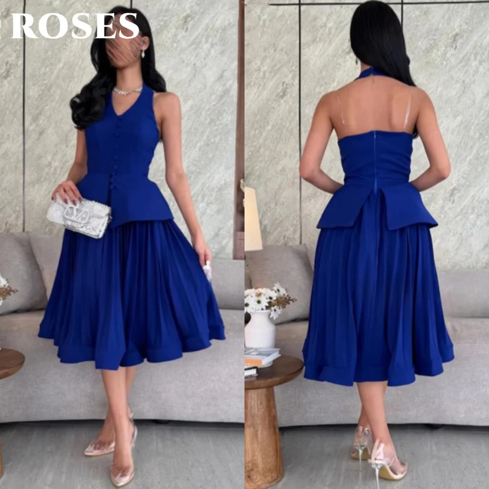 

ROSES Deep Blue Party Dress Elegant Halter - Neck Sleeveless Satin Prom Dress with Pleated And Button Evening Dresses Customized