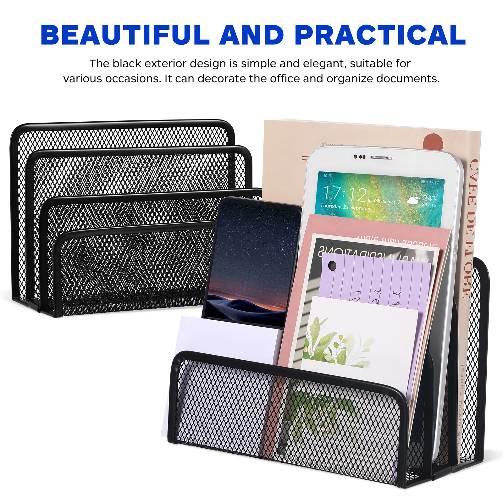 Three Section Desktop File Organizer Metal Mesh Letter Holder for Office Home Use Document Storage Shelf Vertical File Holder