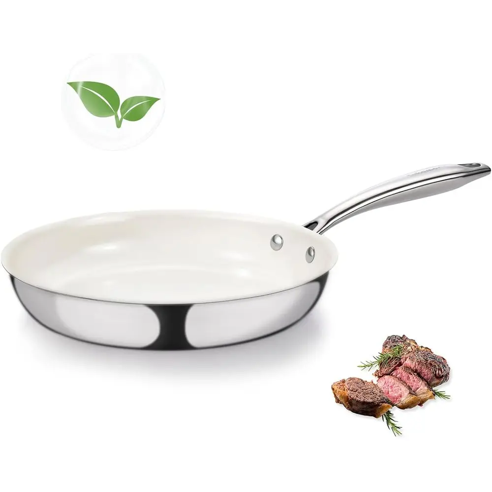 

Сковорода из нержавеющей стали Tri-Ply с 8 слоями, с антипригарным керамическим покрытием, с ручкой, которая не нагревается, нетоксичная, подходит для мытья в посудомоечной машине и использования в духовке.