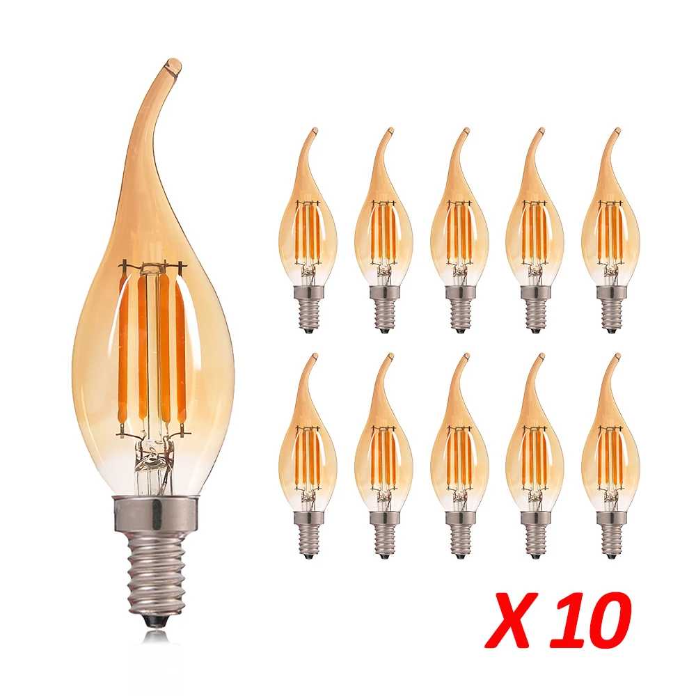 

10PCS Vintage Candelabra LED Filament Light Lamp E12 E14 4W Edison Candle Warm White Chandelier Replacement Bulb 30W Equivalent