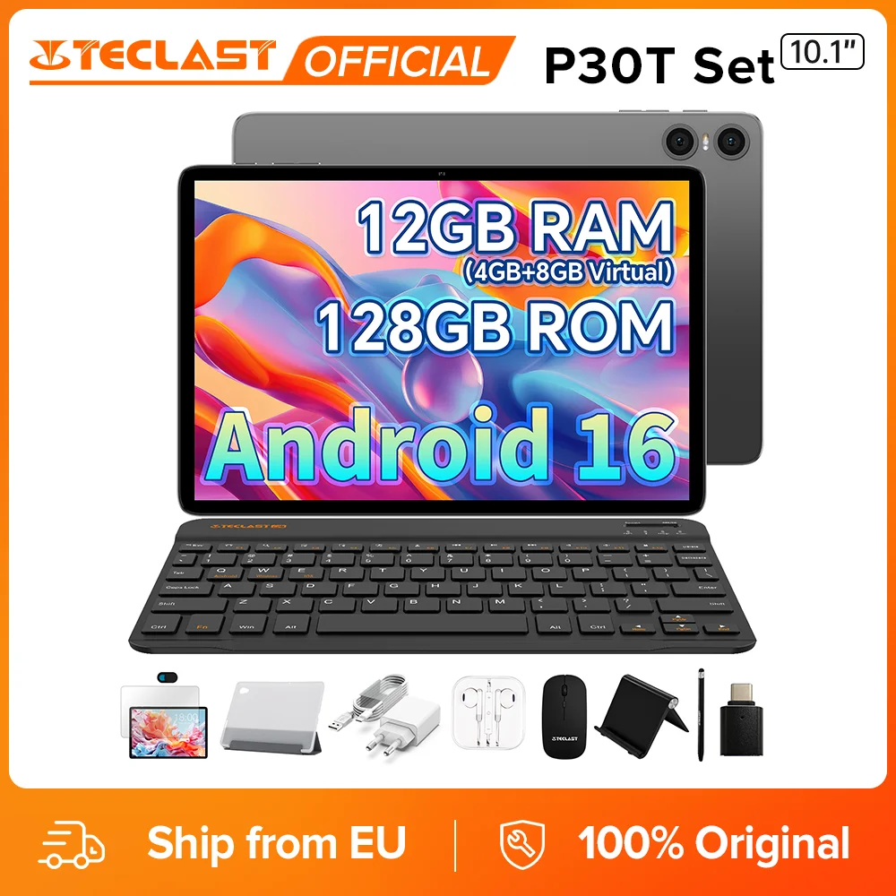 Tablet Teclast P30T Set de 10.1 Pulgadas, Android 16, T7200 de 8 Núcleos Máx. 12 GB de RAM, 128 GB de ROM, 6000 mAh, teclado, funda, ratón, lápiz óptico, auriculares, soporte