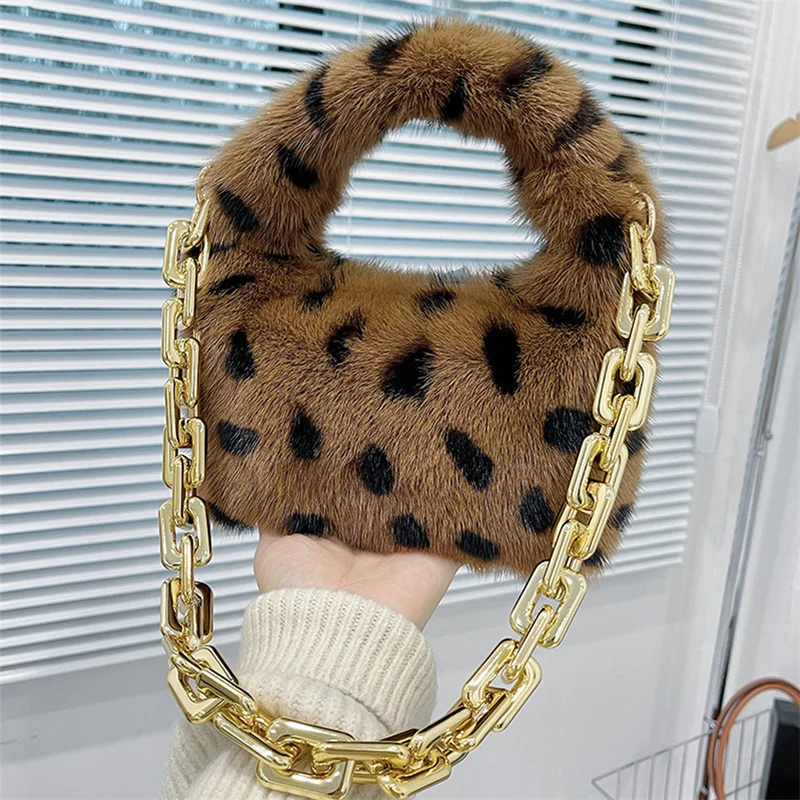 Luxury Women\'s Handheld Fur Bag Mink Hair Large Capacity Fashion Leopard Print Crossbody Bag Real Fur Versatile Chain Plush Bag