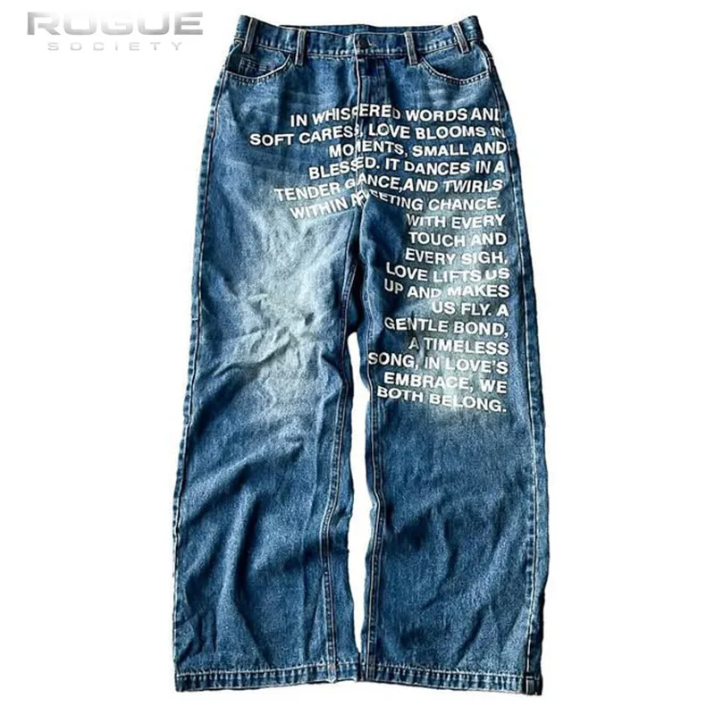 American Retro Letter Print Wash Jeans Men Loose Streetwear Harajuku Pants Gothic Hip Hop Skateboard Baggy Denim Trousers Unisex