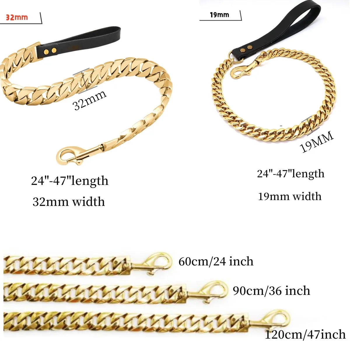 Stainless Steel Gold Dog Chain Leash Super Strong Dog Metal Durable Silver Traction Rope Chain Solid For Pet Jewelry Accessories