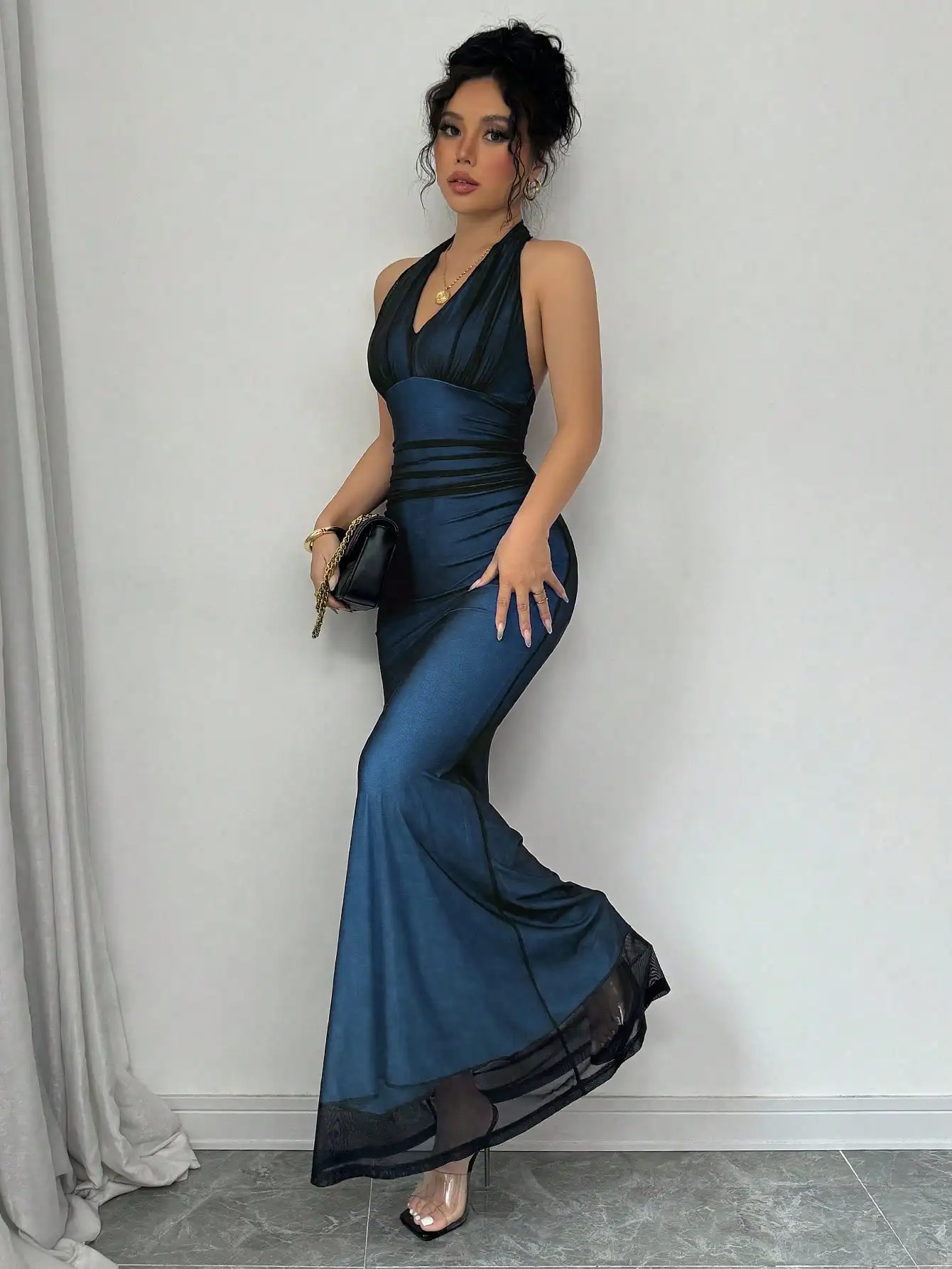 라페리자 우아한 바디콘 피쉬테일 메쉬 로즈 레드 안감 롱 드레스 여성용