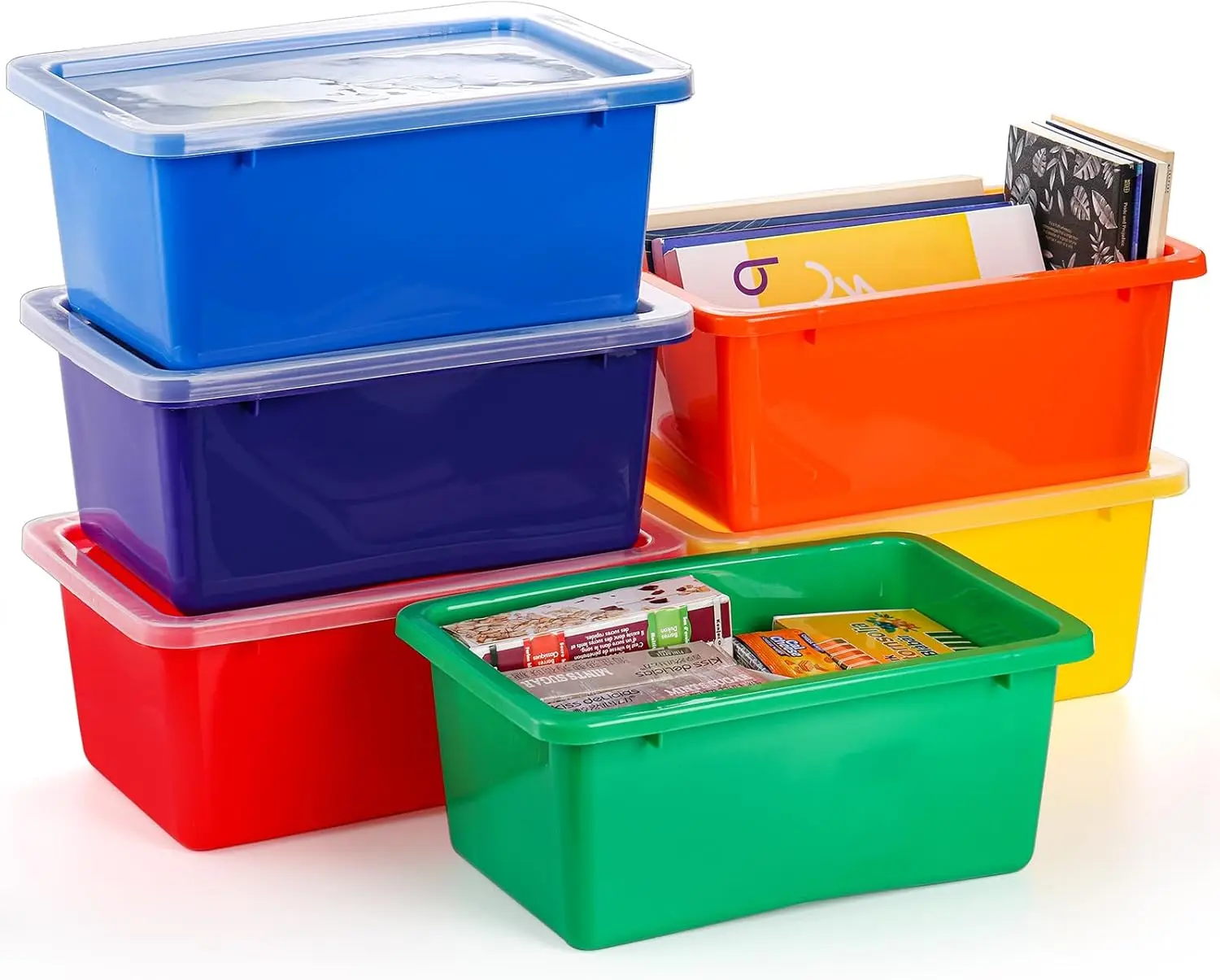 6 Colored Plastic Storage Bins, Small Cubby Bins with Lids, Toy Storage Containers, Stackable Organizer Cubby for Classroom Home