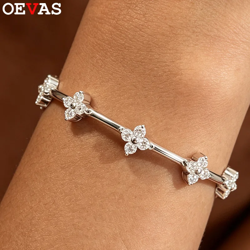 OEVAS 2.5mm Full Moissanite Bracelet For Women S925 Sterling Silver Clover Flower Sparkling Luxury Fine Jewelry Gift