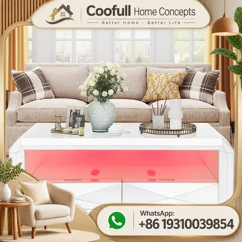 Smart Coffee Table Mirrored Glass Bluetooth Speaker RGB Ambient Light Modern Living Room Furniture Home Decor
