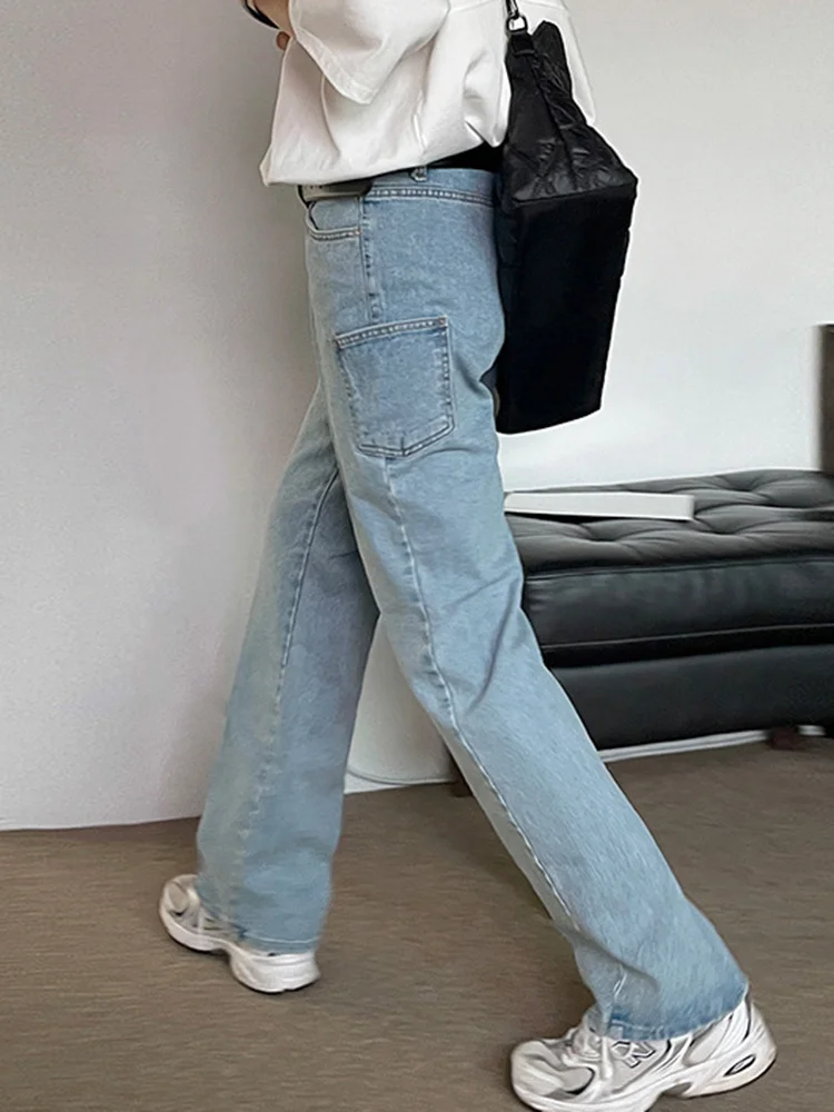 Blue Light Men's Casual Jeans Korean Style 2022 Spring New Trendy Slim Small Side Pocket Decorative Straight Pants 2A2035