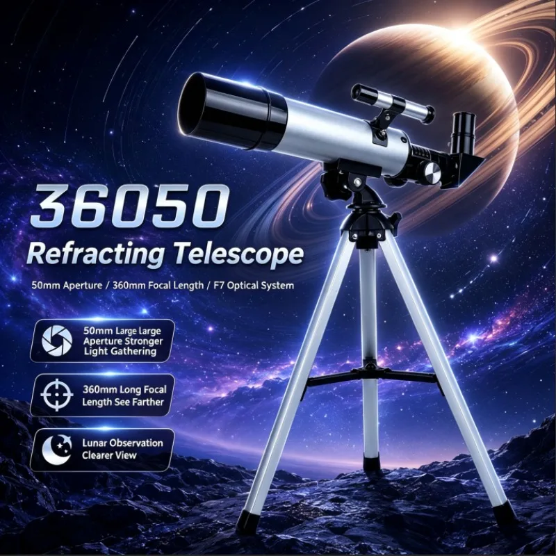 新しいf36050天体望遠鏡、ファインダースコープ付き、金属製チューブhd高倍率単眼鏡、子供や初心者の星空観察に最適