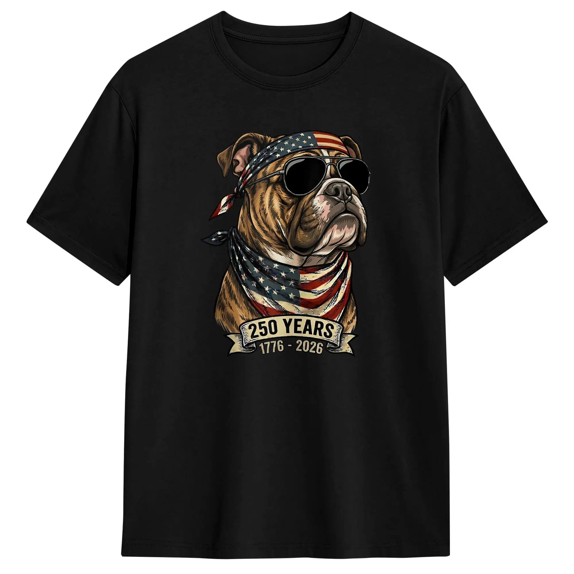 

Bulldog Patriot 250 Years 1776-2026 American Flag Cotton T-Shirt Men Beach T-Shirts O Neck Tee Shirt Oversized Print Clothing