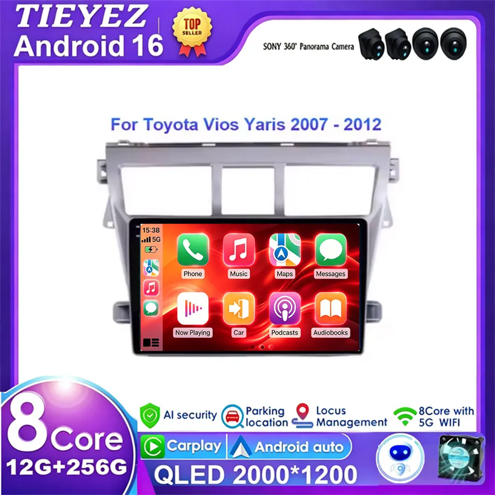 Android 16 Autoradio für Toyota Vios Yaris 2007 - 2012 Kabelloses Carplay Auto-Multimedia-Stereo-Video-Player GPS NAVI 4G WIFI DSP