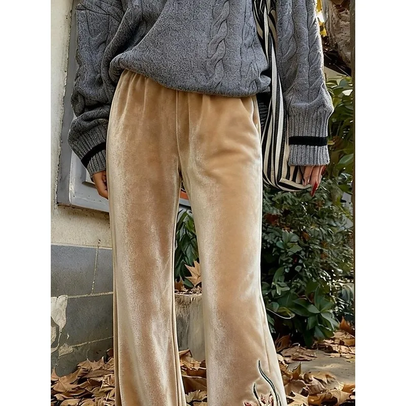 

Женские весенние расклешенные брюки с широкими штанинами, вышитые цветочным узором, элегантные, роскошные, с завышенной талией, стройнящие, удобные, повседневные