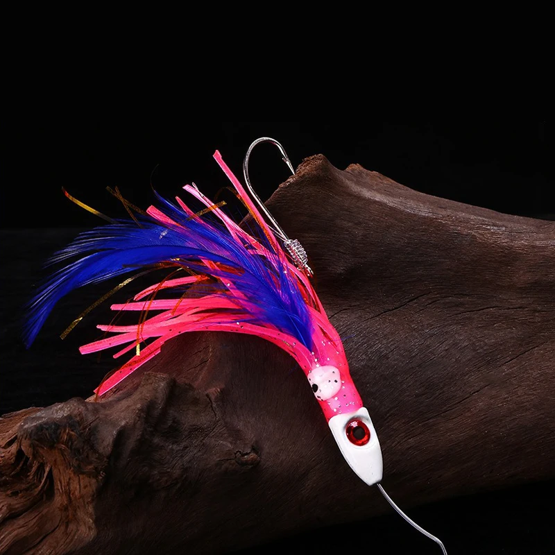 1PC 19g Fishing Bait with Metal Head Line Squid Skirt Feather Lure Tied Up Saltwater Octopus Bait Trolling Skirt