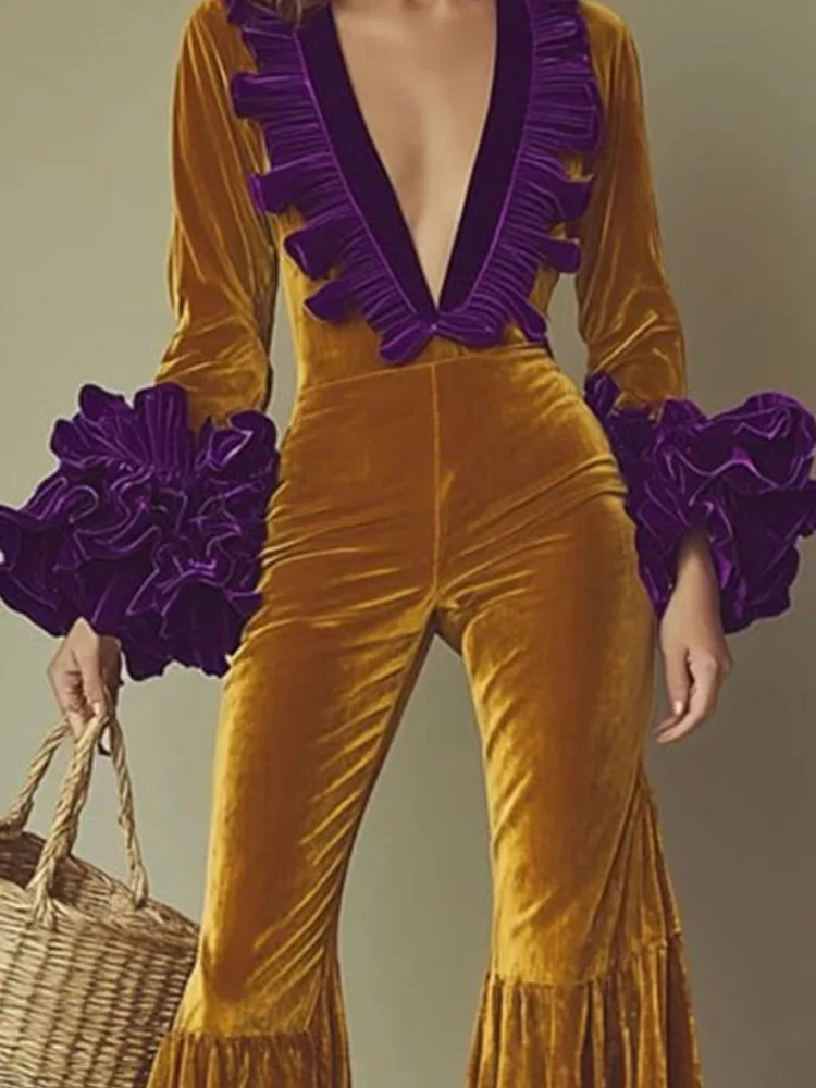 

Casual V-neck Petal Sleeves Slim Fit Long Jumpsuit Fashion Hight Waist Flared Playsuit Lady Elegant Color Clashing Velvet Romper