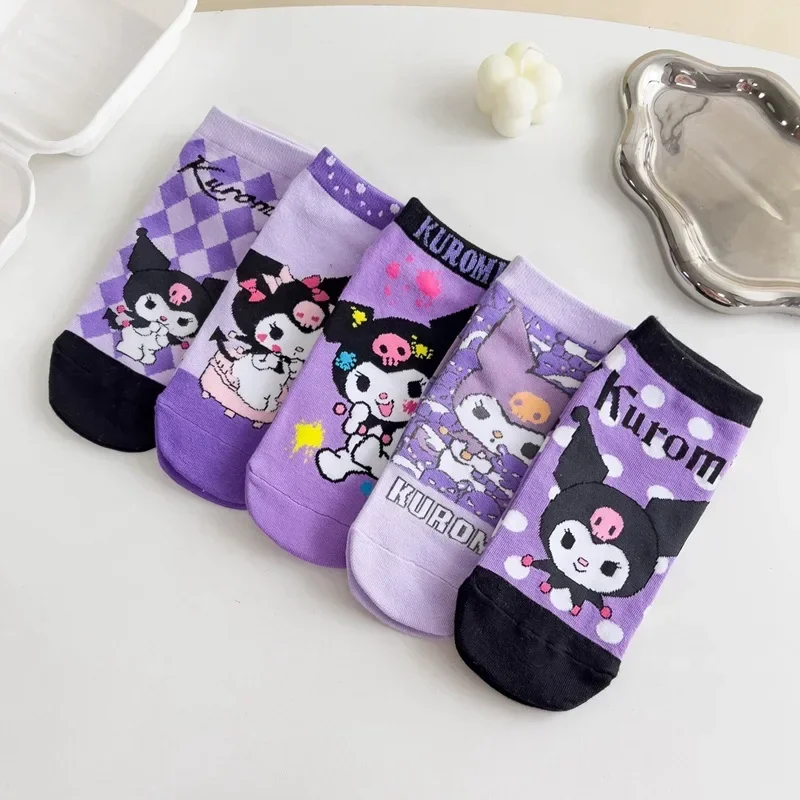 5 пар забавных коротких носков Sanrio Melody Hello Kitty Kuromi с героями мультфильмов Harajuku аниме с принтом Kawaii, хлопковые женские детские носки-лодочки