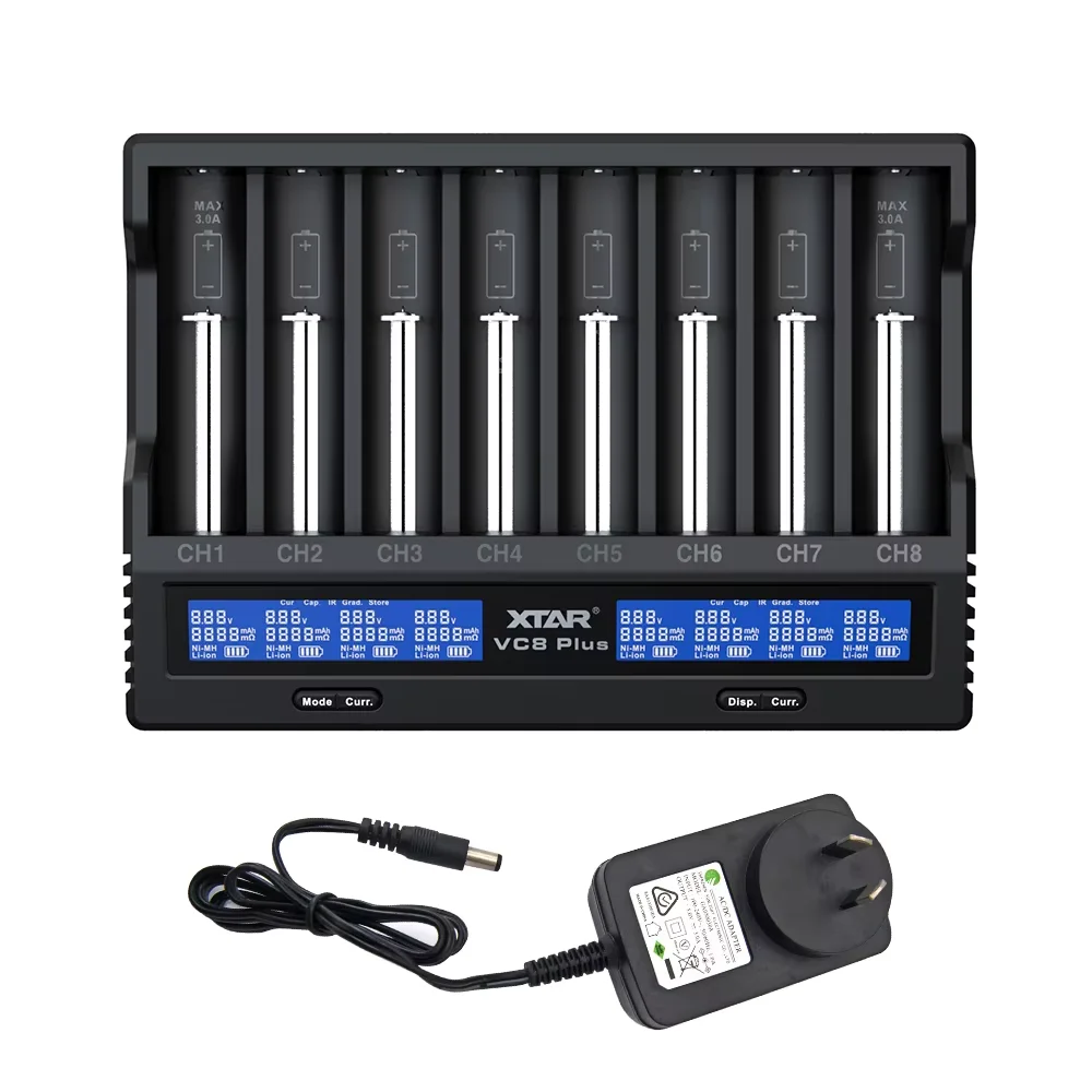 XTAR VC8 Plus 18650 Battery Charger 12V DC Input 3A Fast Charging Intelligent Charger Type-C LCD Display 21700 Battery Charger