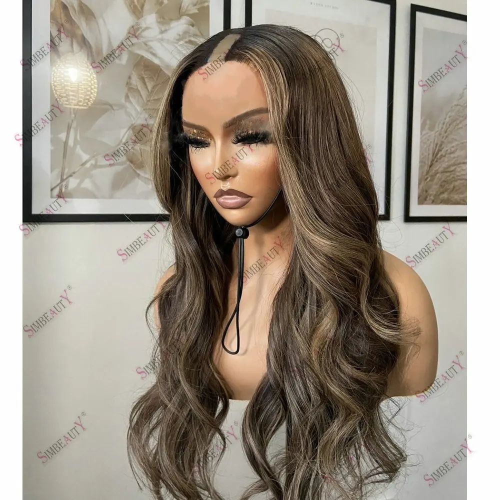 

Blonde Brown Hightlight Long Wavy 1x4 Opening V Part Wig Human Hair for Women Easy Wear Glueless U Part Daily Wigs With 6 Clips