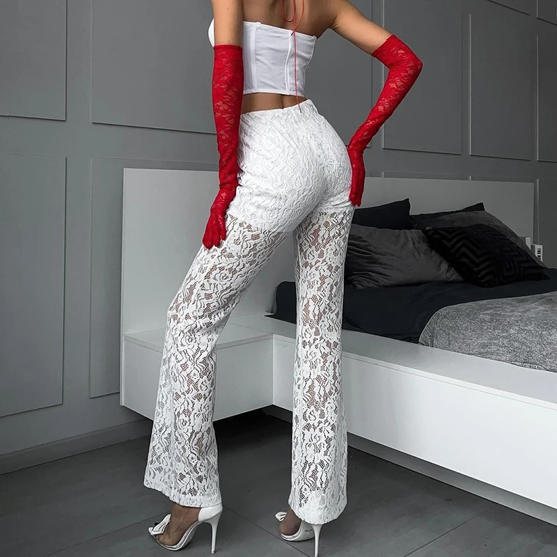 Women's Sexy Hot Girl High Waist Wide Leg Pants Trousers Elastic Waist Lace Spliced ​​Hollow Straight Pants