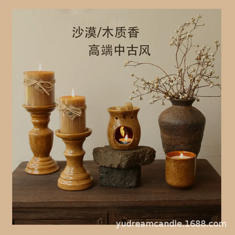 xmsj Vintage Ceramic Pillar Candle Holder Set Solid Woody Scented Candle 1-3 Days Long Lasting Aroma Home Tabletop Decor