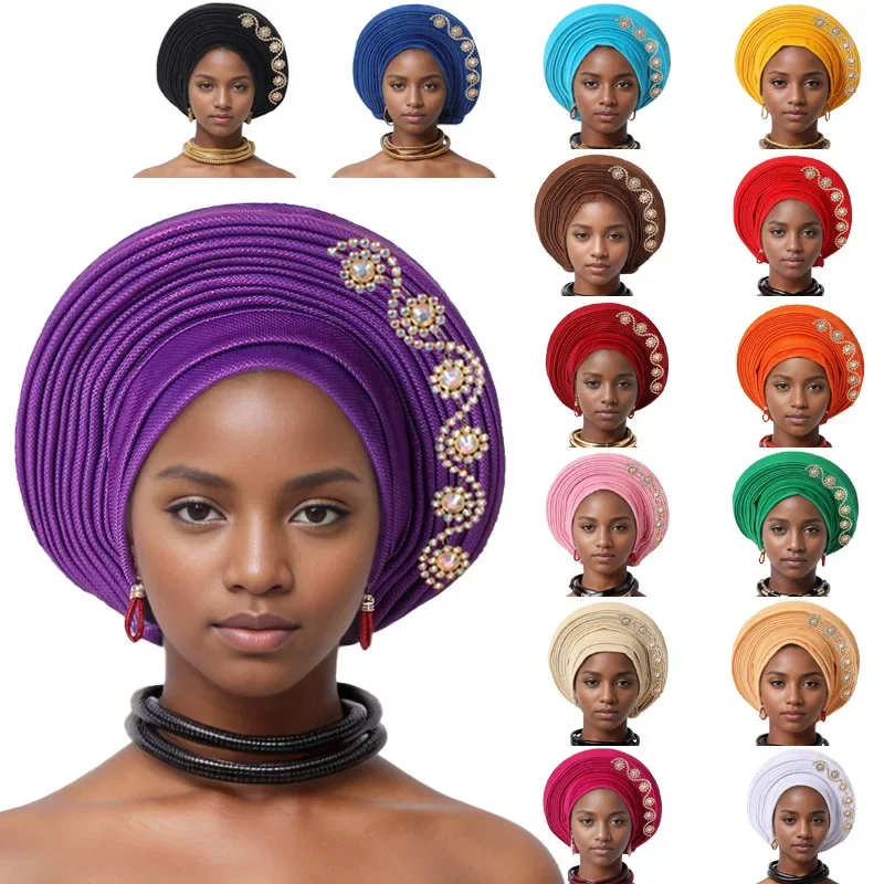 

Nigerian Wedding Geles African Headtie Auto Gele Turbans for Women Aso Oke Fabric Muslim Headwear Headpiece Female Head Wraps