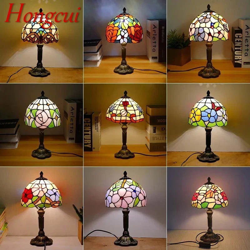 Hongcui Tiffany Table Lamp American Retro Living Room Bedroom Lamp Luxurious Villa Hotel  Stained Glass Desk Lamp