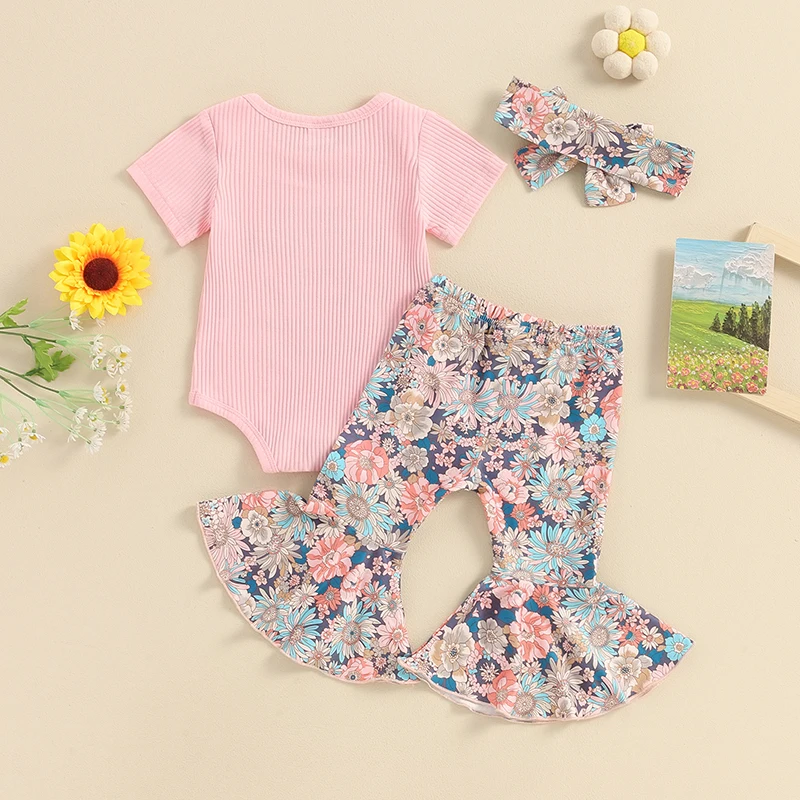 2024-03-09 Lioraitiin Infant Baby Girl Clothes Suspenders Short Sleeve Ribbed Romper Flared Pants Set Headband Summer Outfit