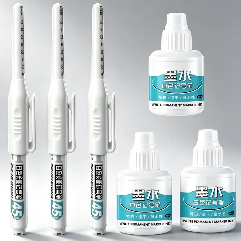 1-16 Stück weiße 45-mm-Tiefloch-Markierstifte mit Tintenset, langer Spitze, Zimmermannsstift, wasserfest, für Holzbearbeitung, Büro, Schwarz