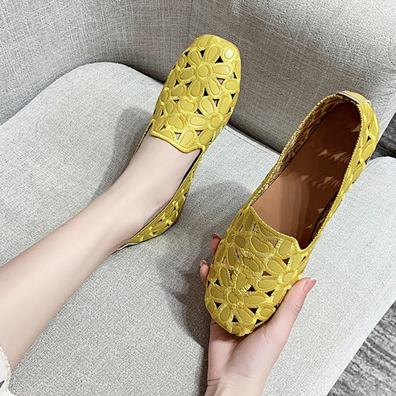 Women Flats Slip on Loafers Foldable Flats for Women Square Toe Single Shoes Hollow Out Fashion Party Casual Fashion Women Shoes