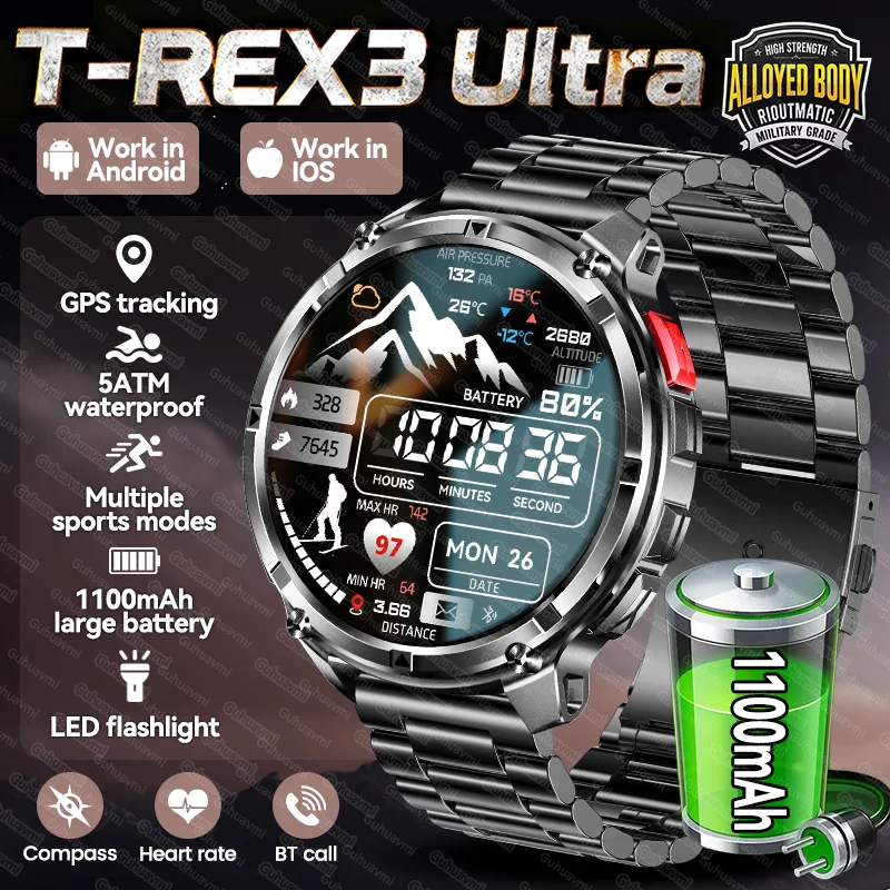 

New Military Outdoor T-REX3 Ultra GPS Smart Watch 1100mAh Battery 5ATM Waterproof Bluetooth Call Men Sports Fitness Smartwatches