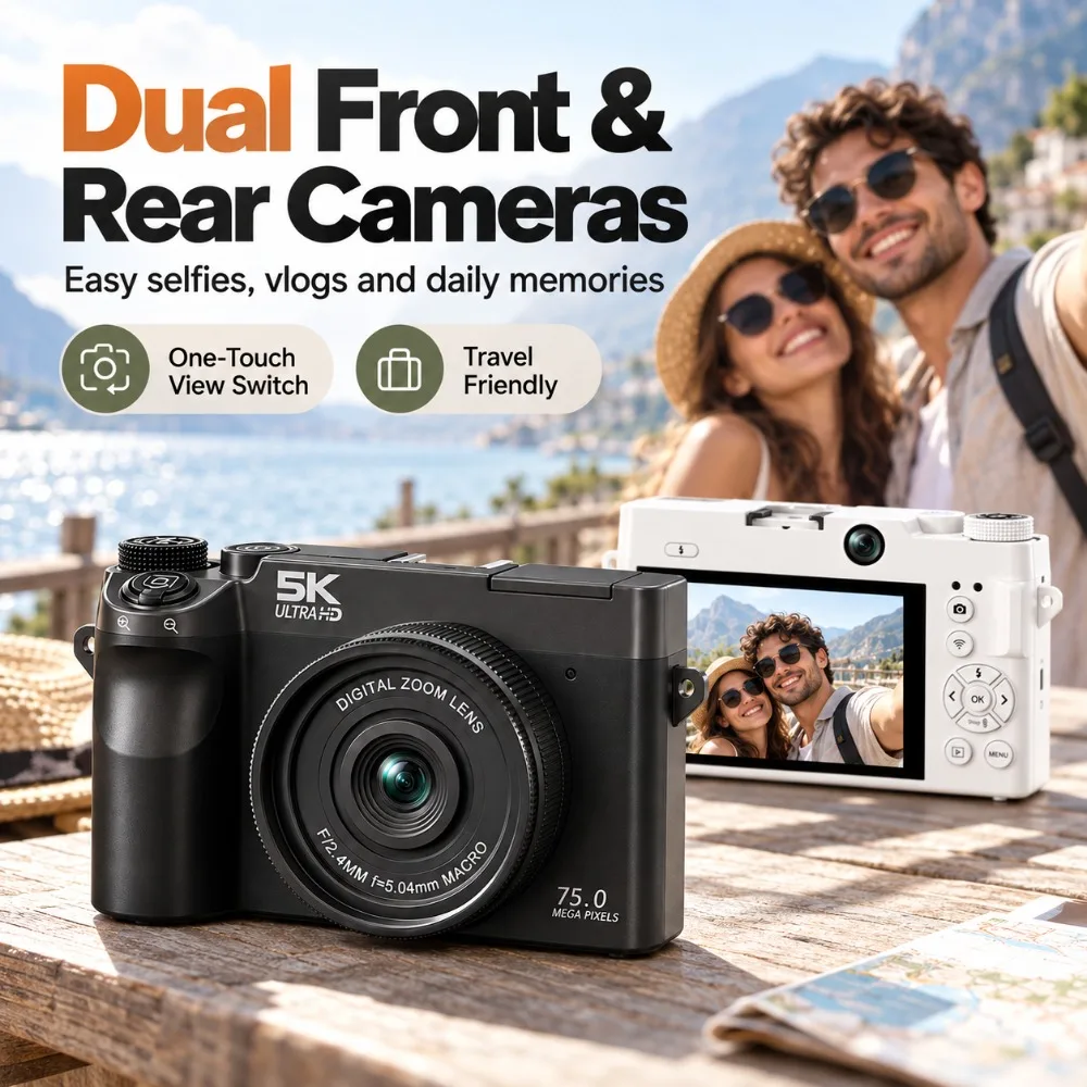 5K Digital Camera for Photography 75MP Autofocus 18X Digital Zoom Compact Point and Shoot Camera for Travel Selfies and Vlogging