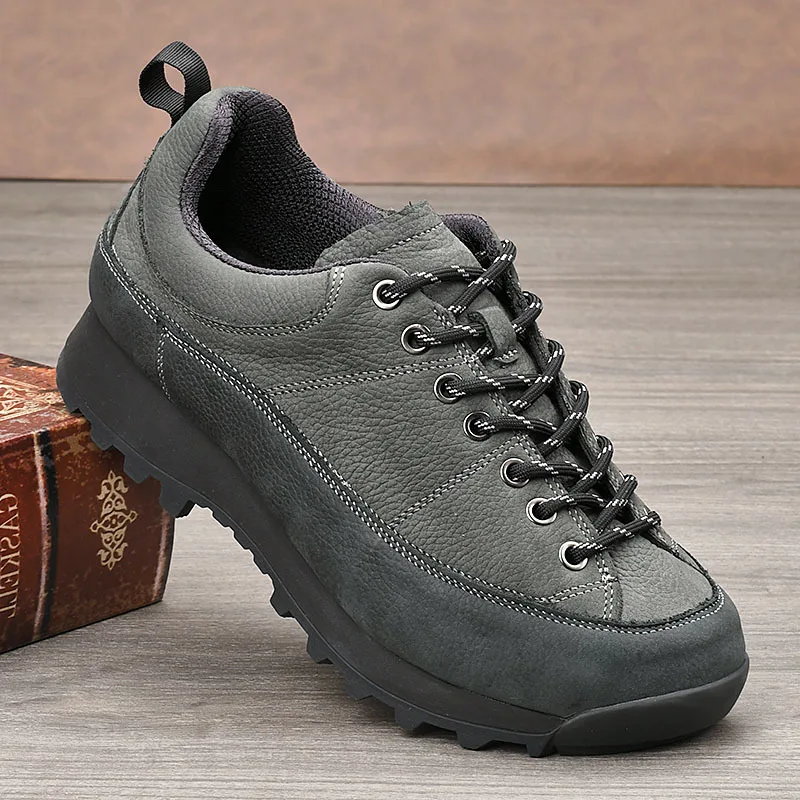 Trendy Hiking Leather Shoes Men Luxury Trekking Mountain Climbing Camping Waterproof Tactical Sneaker Urban Outdoor Travel 2026