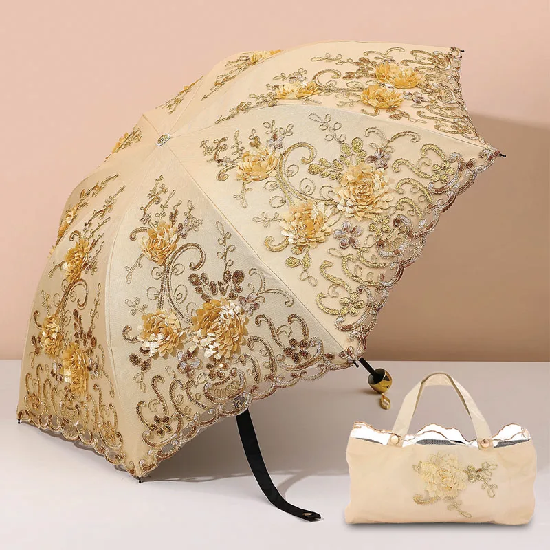 

Кружевной зонт с вышивкой, черный клей, зонт от солнца, тройной складной солнечный зонт, женский солнцезащитный крем, защита от ультрафиолета