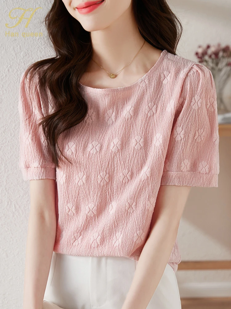 H Han Queen Summer Blouse Youthful Woman Clothes Simple Office Short Sleeve Shirt Vintage Casual Tops Korean Loose Blouses Women