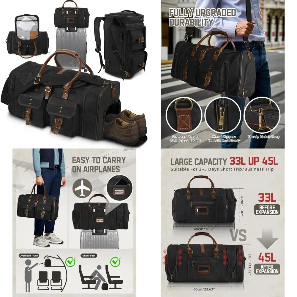 حقيبة واق من المطر قابلة للتوسيع من القماش المشمع العتيق للرجال سعة 45 لترًا، حقيبة سفر مقاومة للماء لعطلة نهاية الأسبوع مع حجرة للأحذية